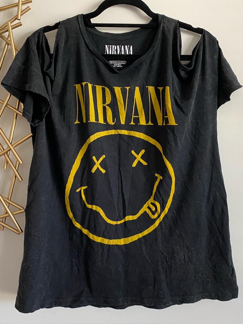 Nirvana Black Acid Wash Off The Shoulder Band Tee Shirt - Size XL